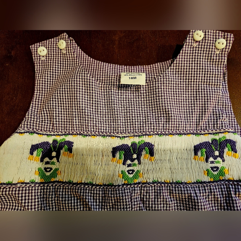 Boys Smocked Mardi Gras shortall/jon jon